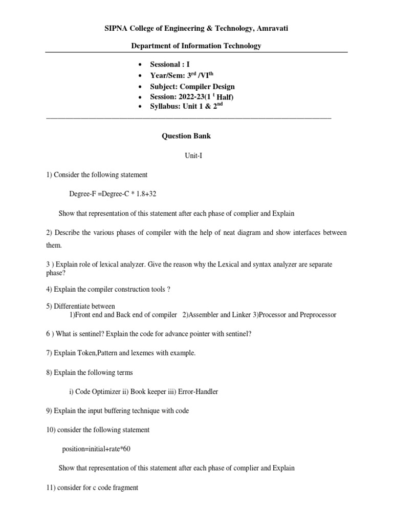 Compiler design question bank sessional 1 2022 23 pdf compiler