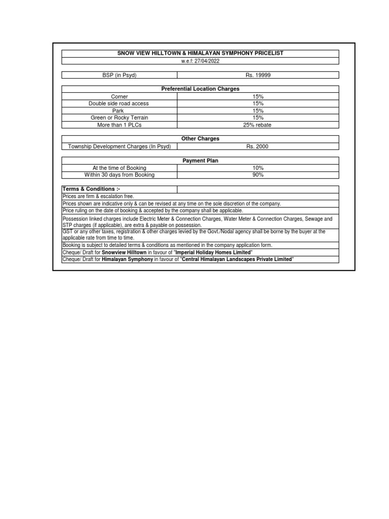 The Swiss Village PRICELIST PDF