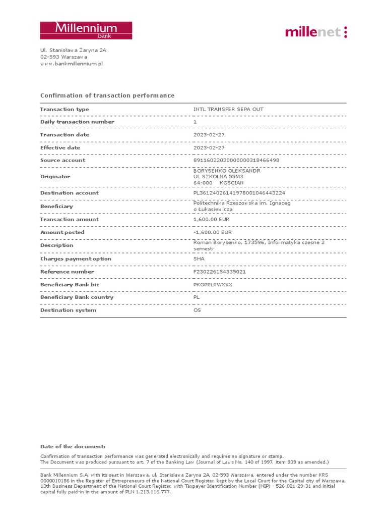 Transaction Confirmation for Politechnika Rzeszowska | PDF