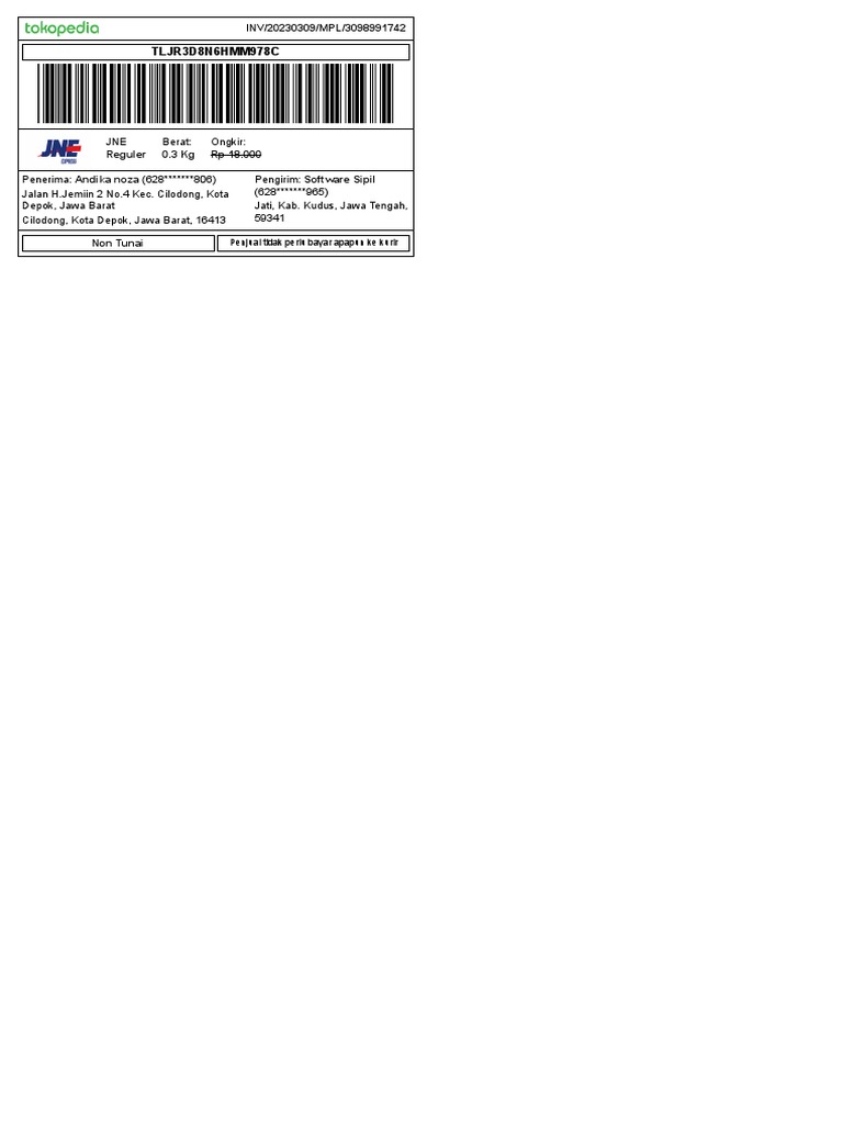Label Pengiriman Tokopedia JNE | PDF