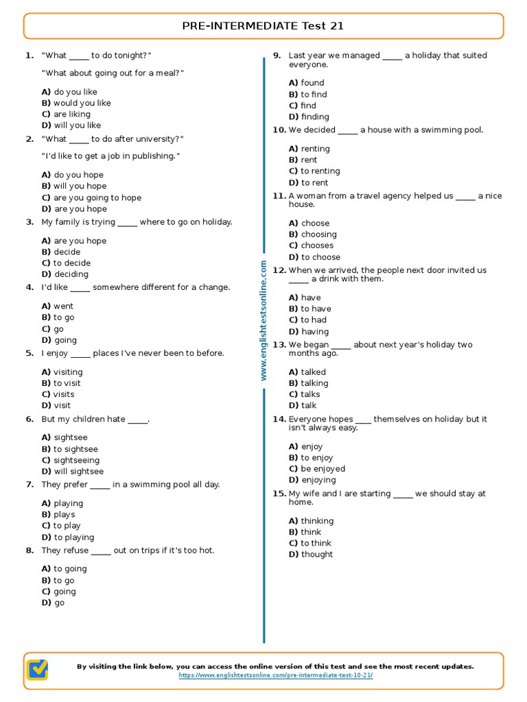 Pre-Intermediate English Test 21 | PDF