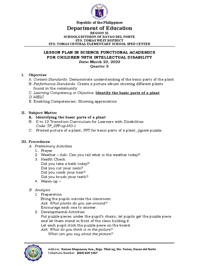 LESSON PLAN - Identifying Parts of The Plant | PDF | Learning | Cognition