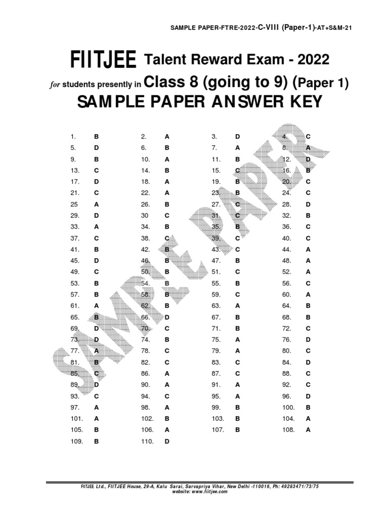 SAMPLE PAPERFTRE2022CLASSVIIIP1AT+PCBM Answers PDF PDF