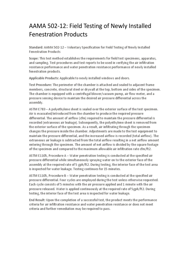 AAMA 502-12 Fenestration Testing Guide | PDF | Manufactured Goods ...