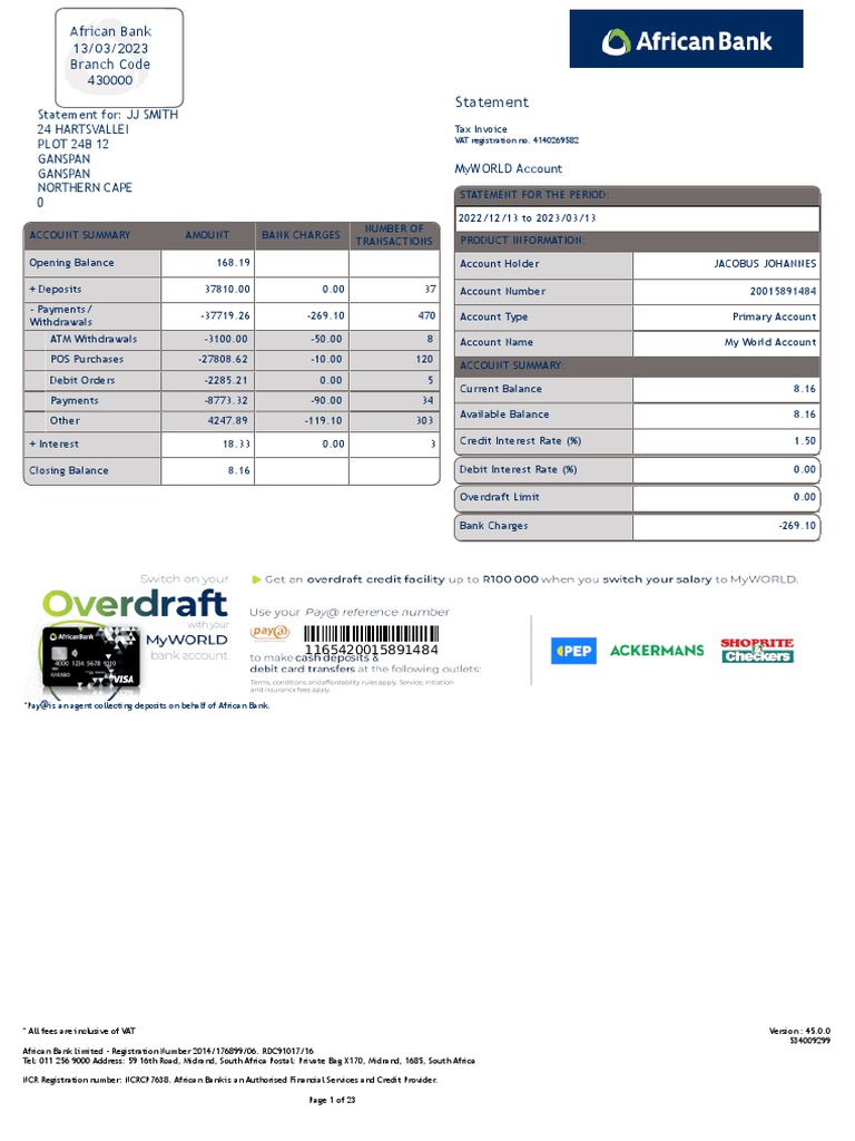 African Bank 13/03/2023 Branch Code 430000: Statement | PDF | Credit ...