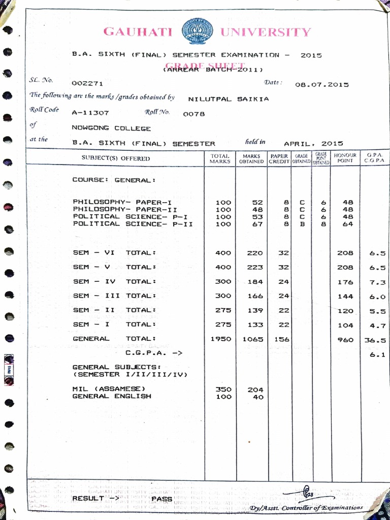 Gauhati University BA Final Marksheet | PDF