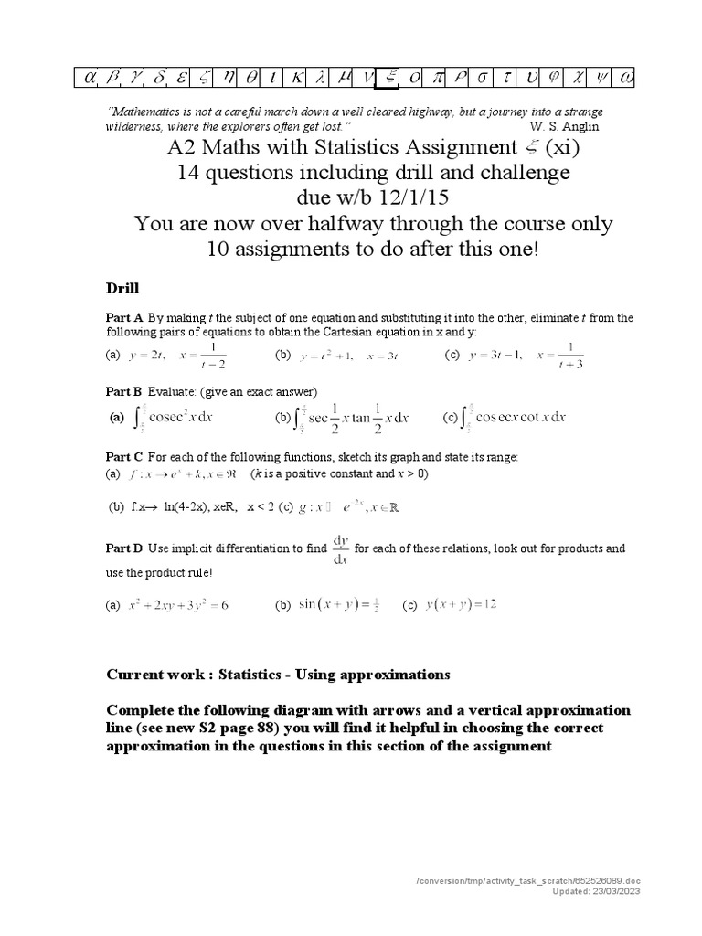 A2 Maths Statistics Assignment | PDF | Function (Mathematics) | Equations