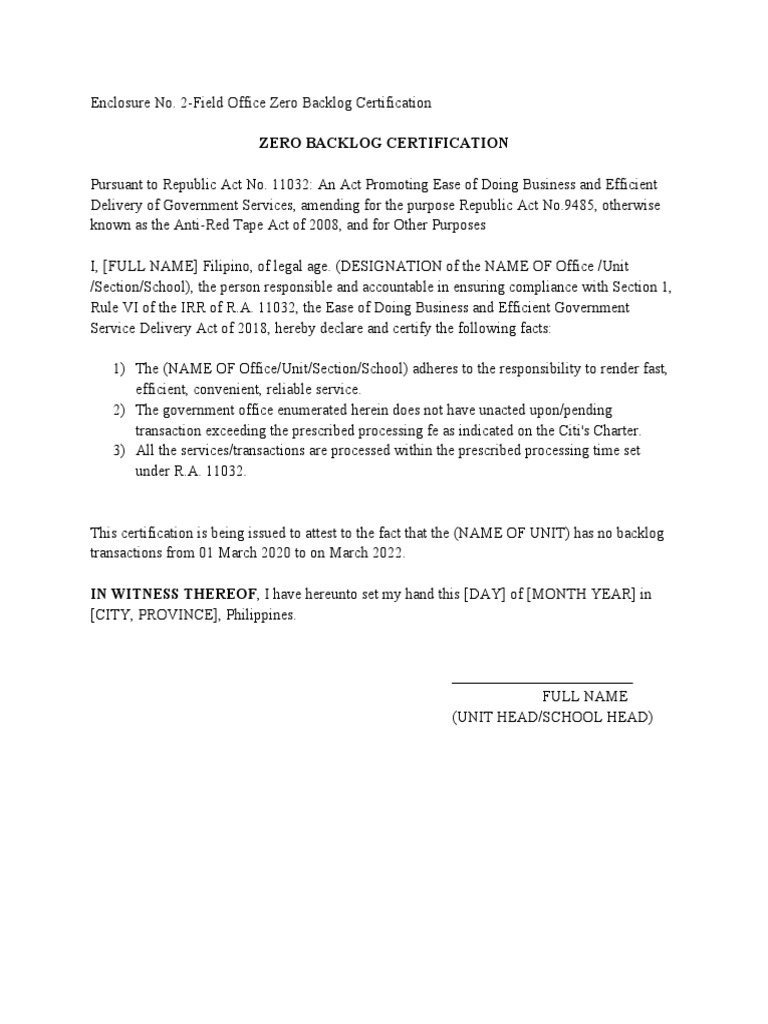 Zero Backlog Certification Document | PDF