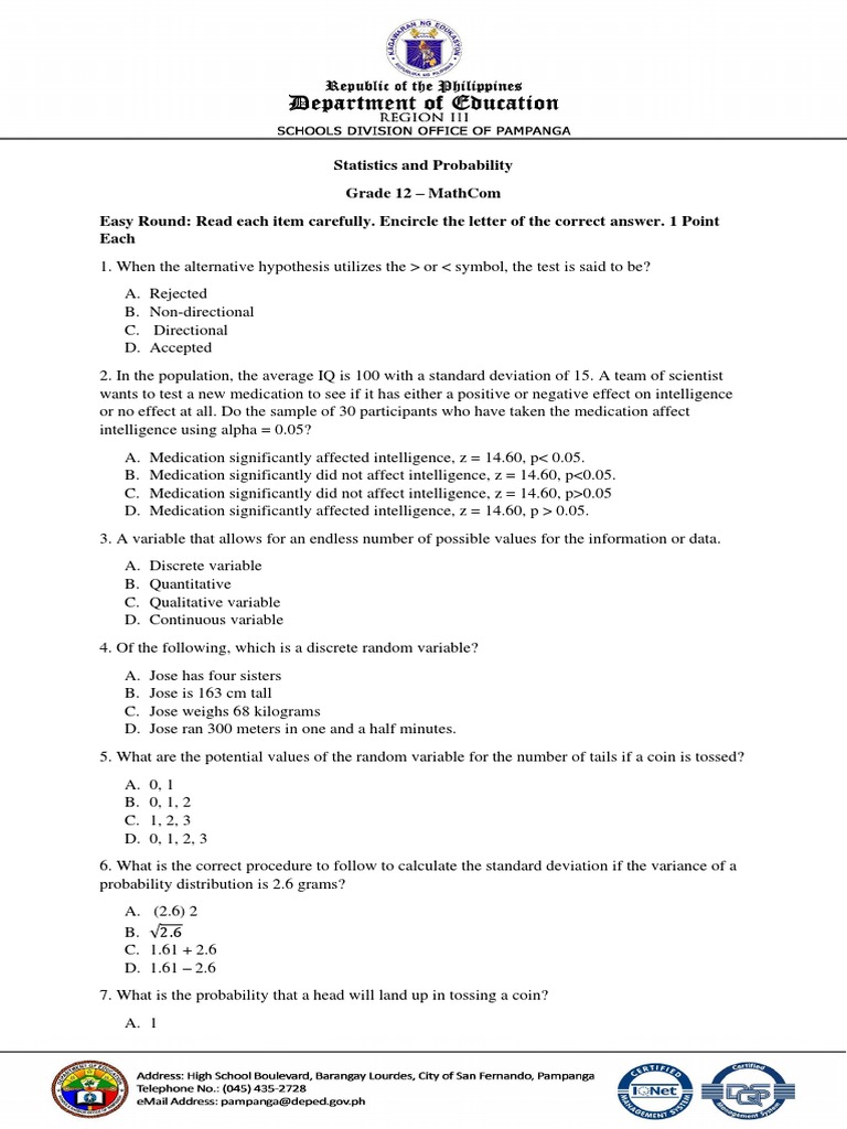 Grade 12 Statistics & Probability Quiz | PDF | Statistics | Standard ...