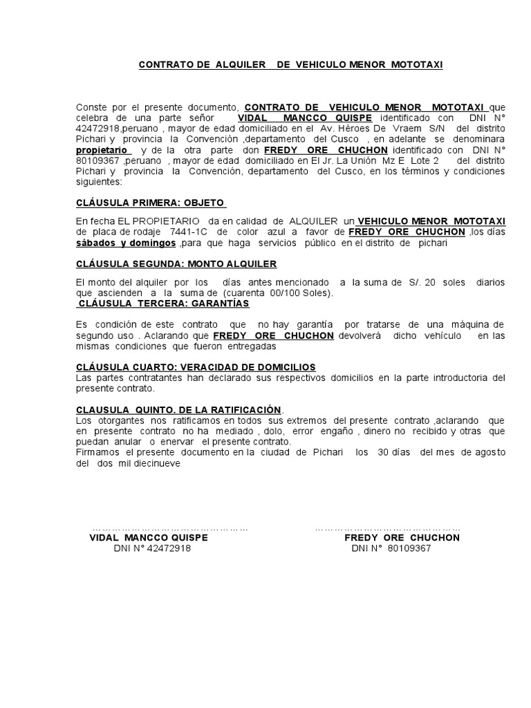 Contrato de Alquiler de Mototaxi | PDF | Derecho