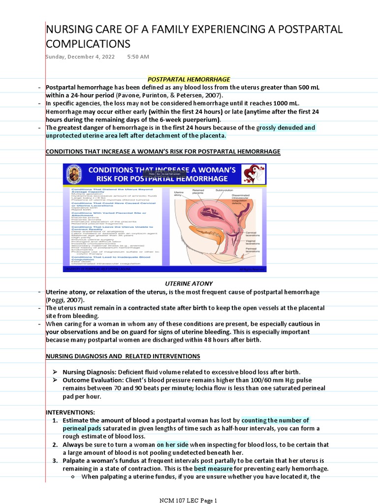 Nursing Care of A Family Experiencing A Postpartal Complications PDF ...