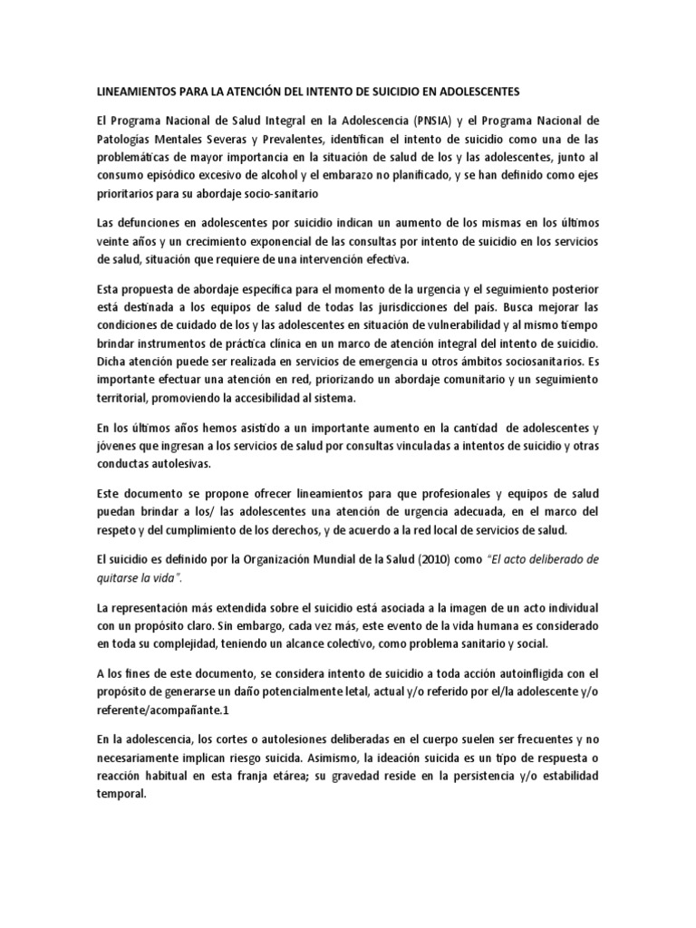 Lineamientos para La Atención Del Intento de Suicidio en Adolescentes ...