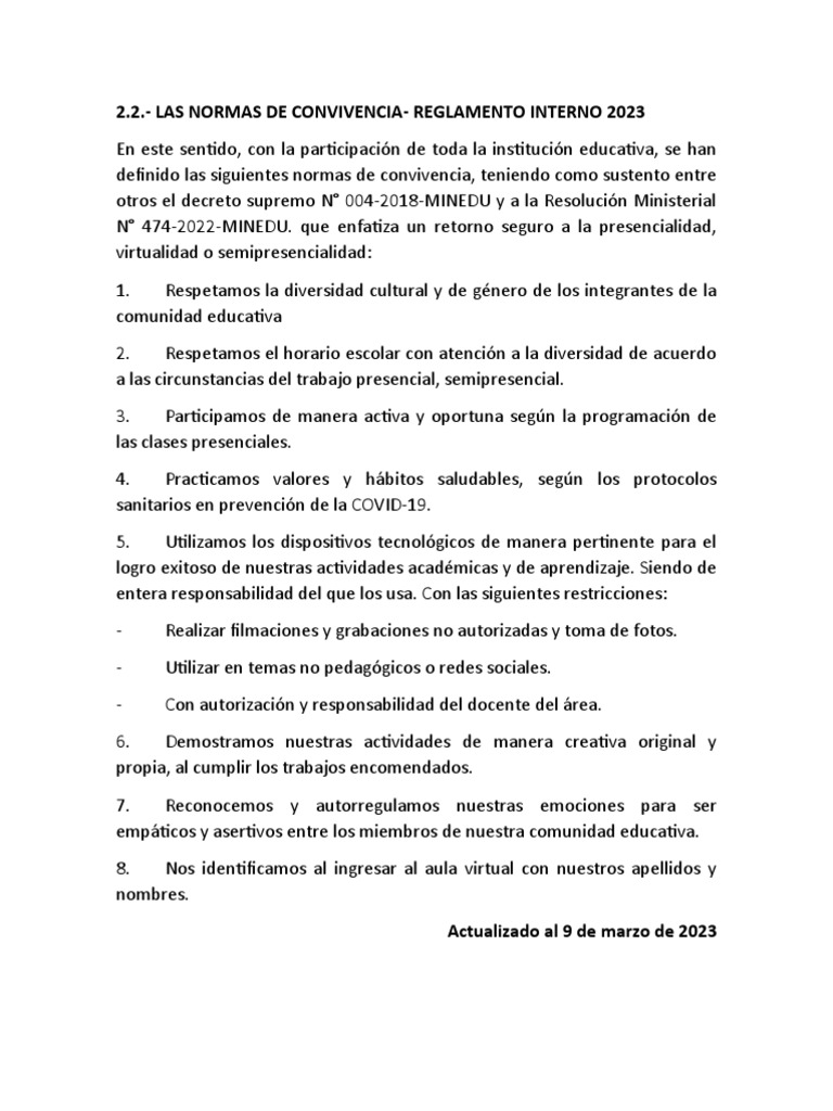 Normas de Convivencia 2023 en Educación | PDF | Ciencias sociales