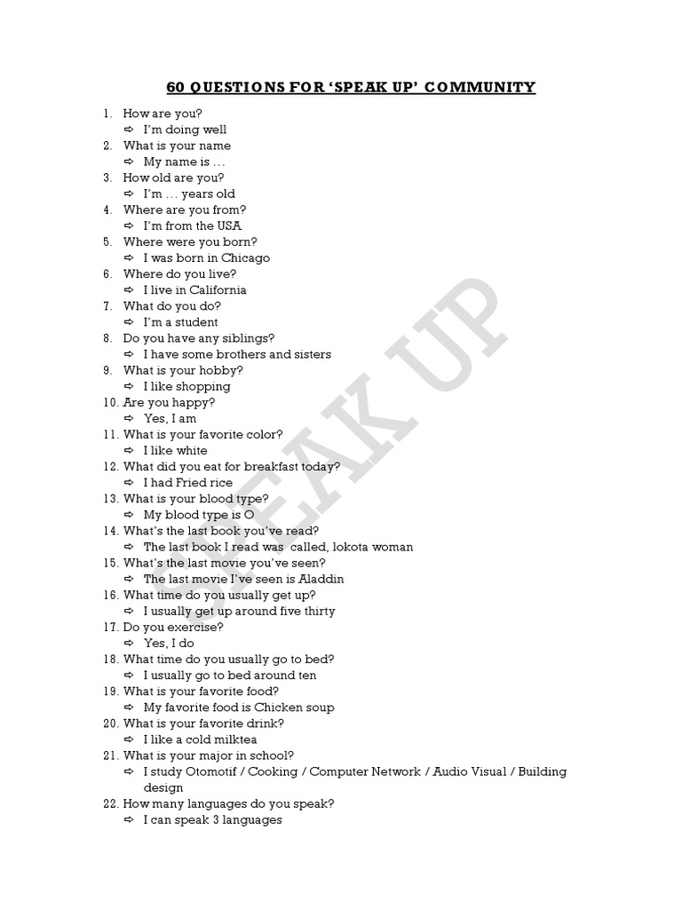 60 Questions for Speak Up Community | PDF