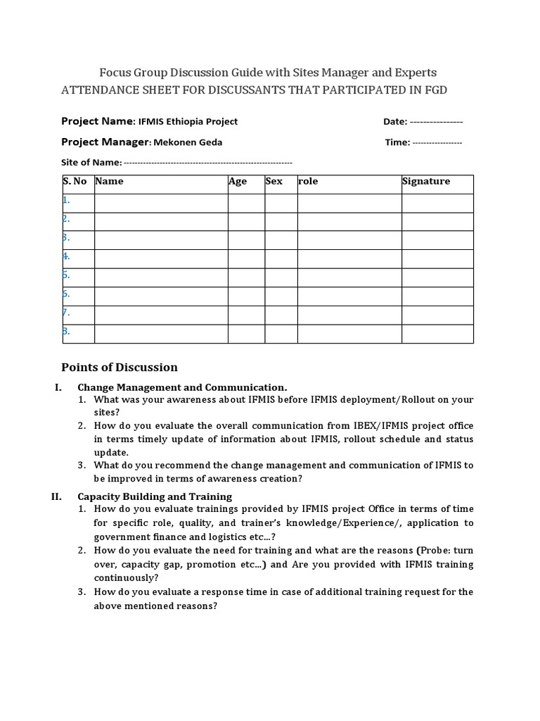 Focus Group Discussion Guide With Sites Manager and Experts PDF Focus Group Discussion Guide With Sites Manager and Experts PDF