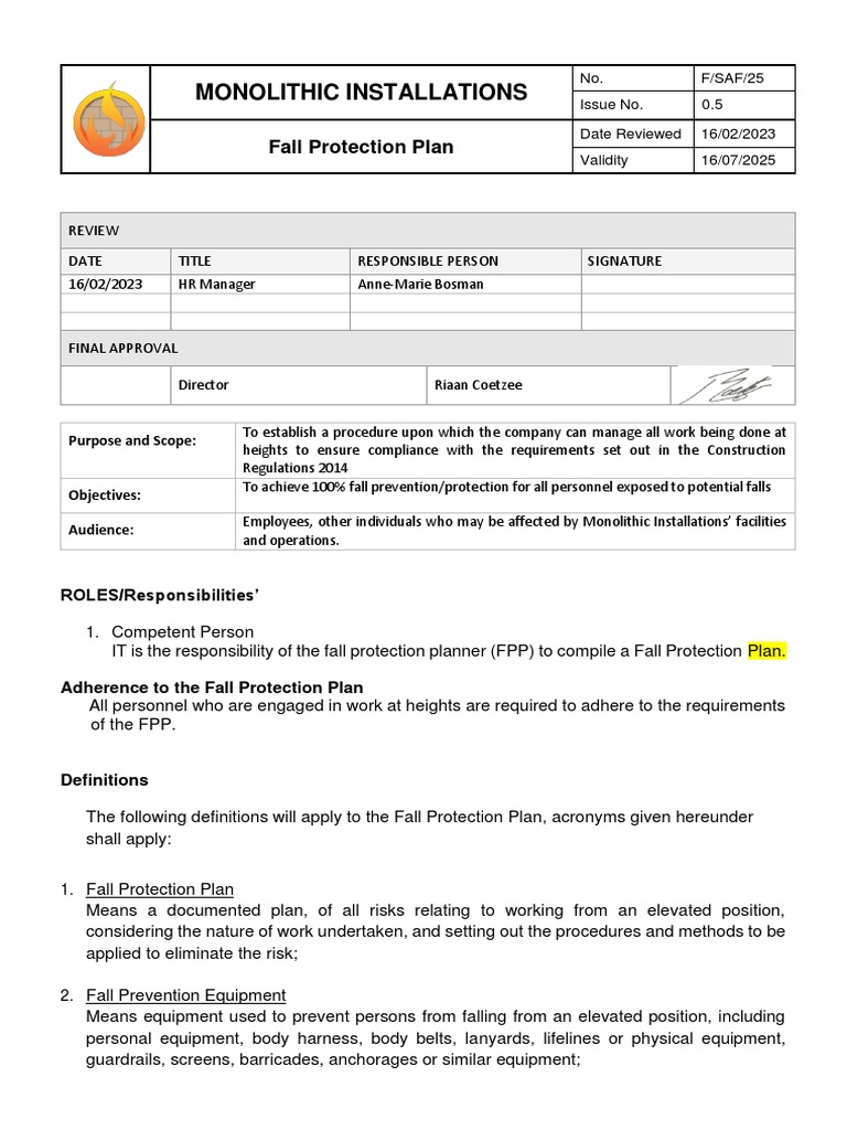 F SAF 25 Fall Protection Plan Review 23 PDF Occupational