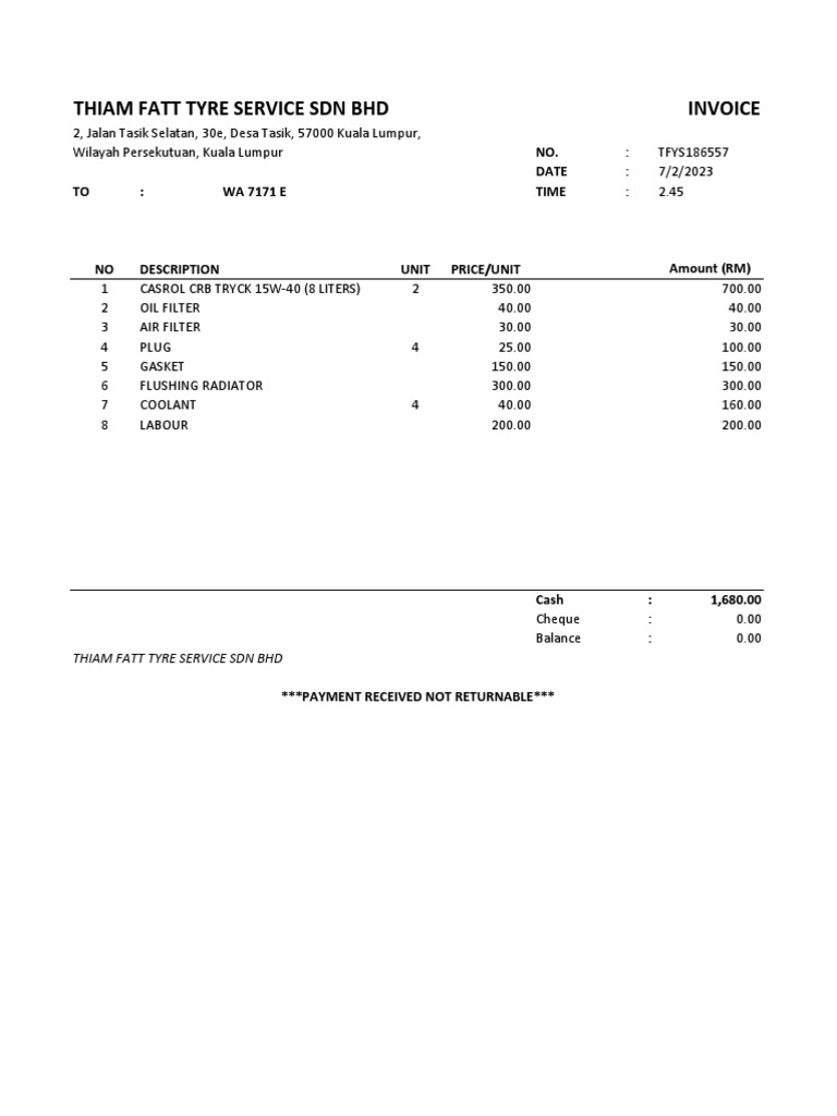 Thiam Fatt Tyre Service SDN BHD Invoice: NO. Date TO: WA 7171 E Time | PDF