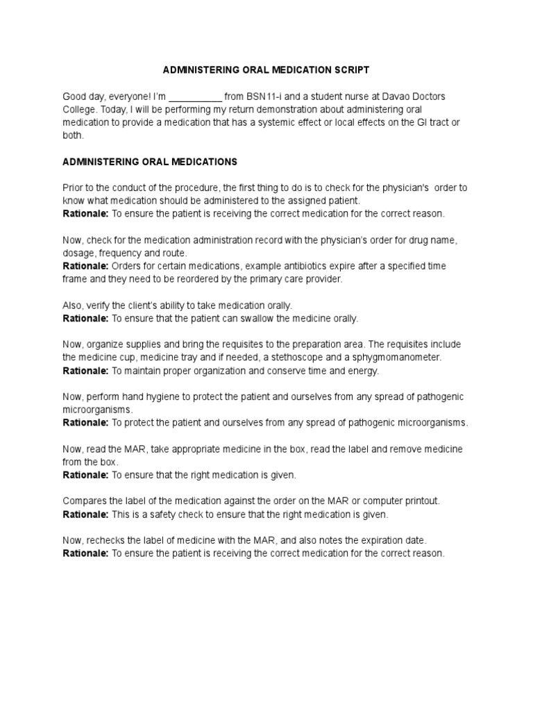 Administering Oral Medication Script PDF Medicine Tablet (Pharmacy)