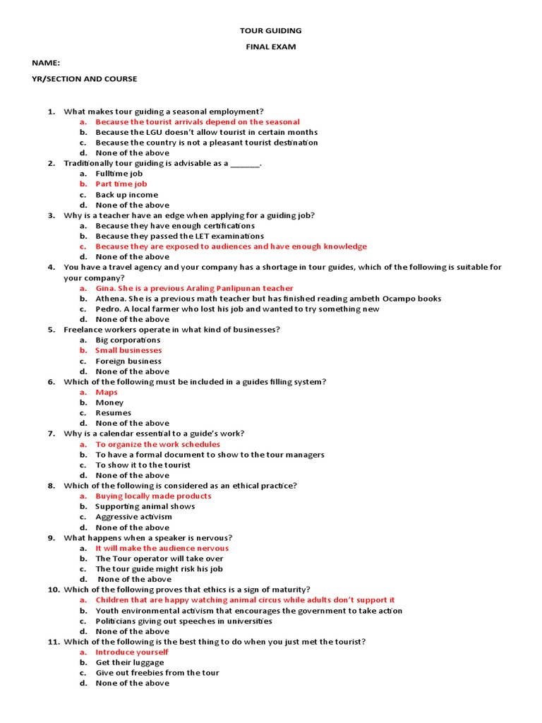 Tour Guiding Final Exam Questions | PDF | Tourism