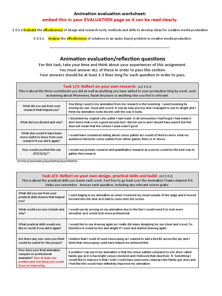 Animation Evaluation and Reflection Guide | PDF | Communication | Learning