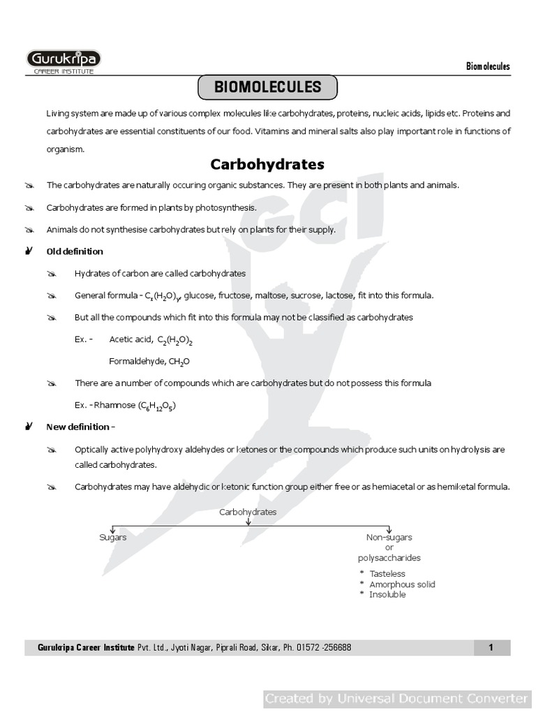 Biomolecules Important Notes and Questions NEET CLASS XI PDF Carbohydrates Amino Acid