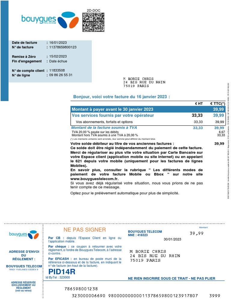 Facture Bouygues Telecom - Janv 2023 | PDF | Facture | Taxe sur la ...