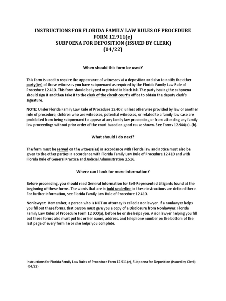 Instructions for florida family law rules of procedure form 12 911 e