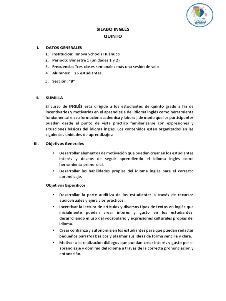 Sílabo de Inglés Quinto Grado B | PDF | Comunicación humana | Cognición