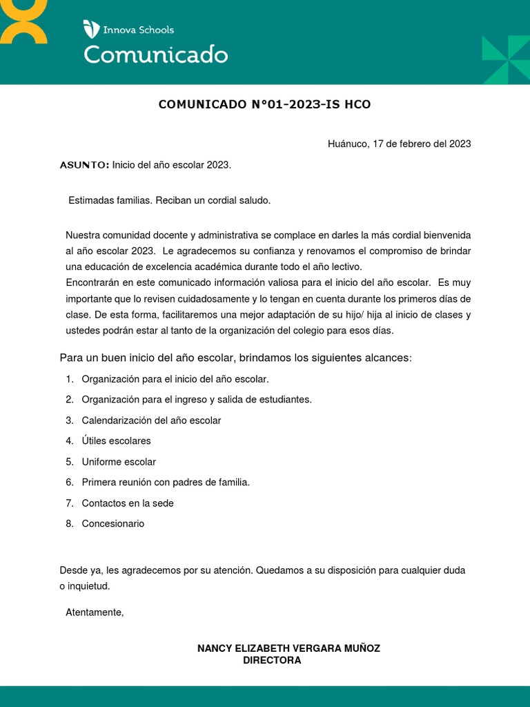 Comunicado de Inicio Escolar 2023 | PDF