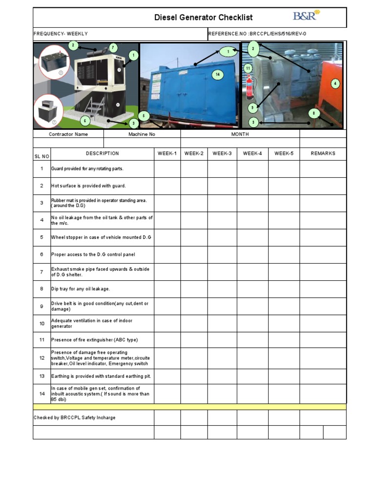 Weekly Diesel Generator Checklist | PDF