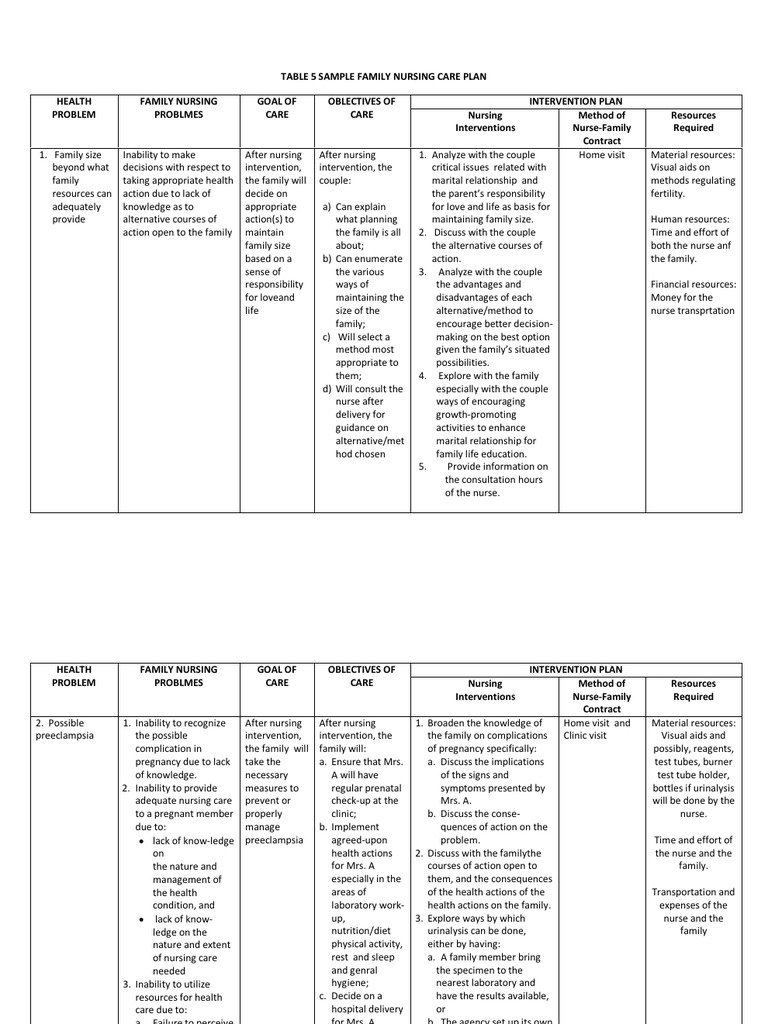 Table 5 Sample Family Nursing Care Plan