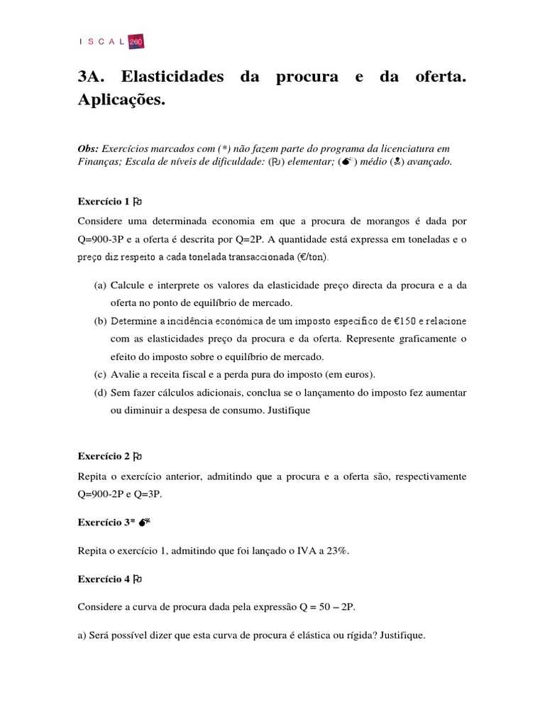 Elasticidades da Procura e Oferta em Exercícios | PDF | Impostos | Demanda