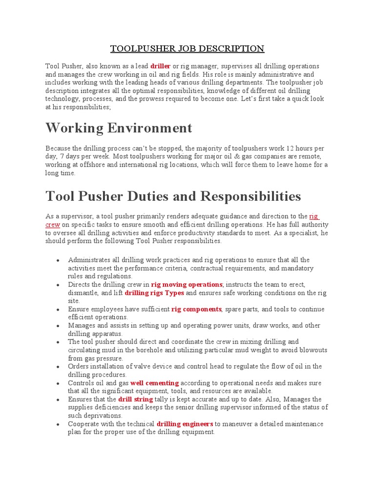 Toolpusher Job Description PDF Oil Well Drilling Rig
