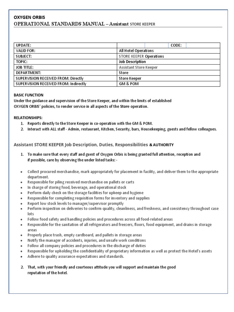 Job Description Asistant Store Keeper PDF Business