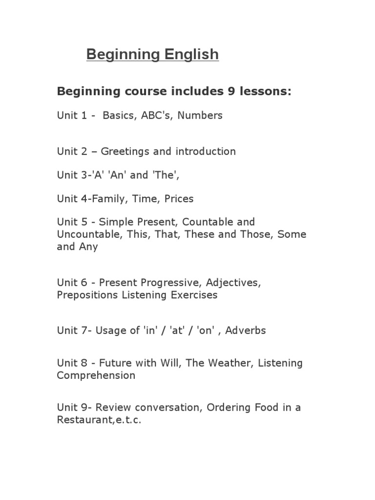 Beginning English: Beginning Course Includes 9 Lessons | PDF | Cooking ...