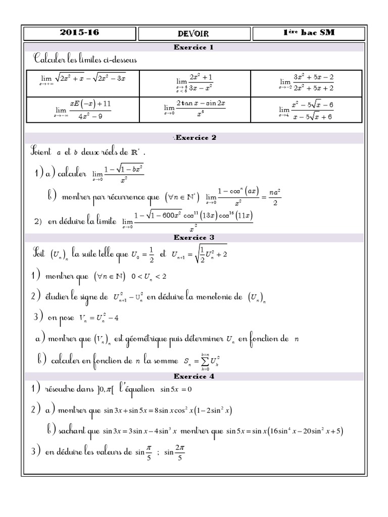 Devoir 1 Maths 1er BAC Sciences Mathematiques 2nd Semestre Sections ...