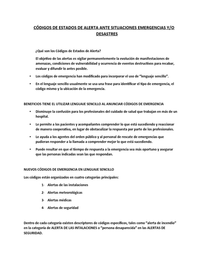 Códigos de Estados de Alerta Ante Emergencias o Desastres | PDF ...