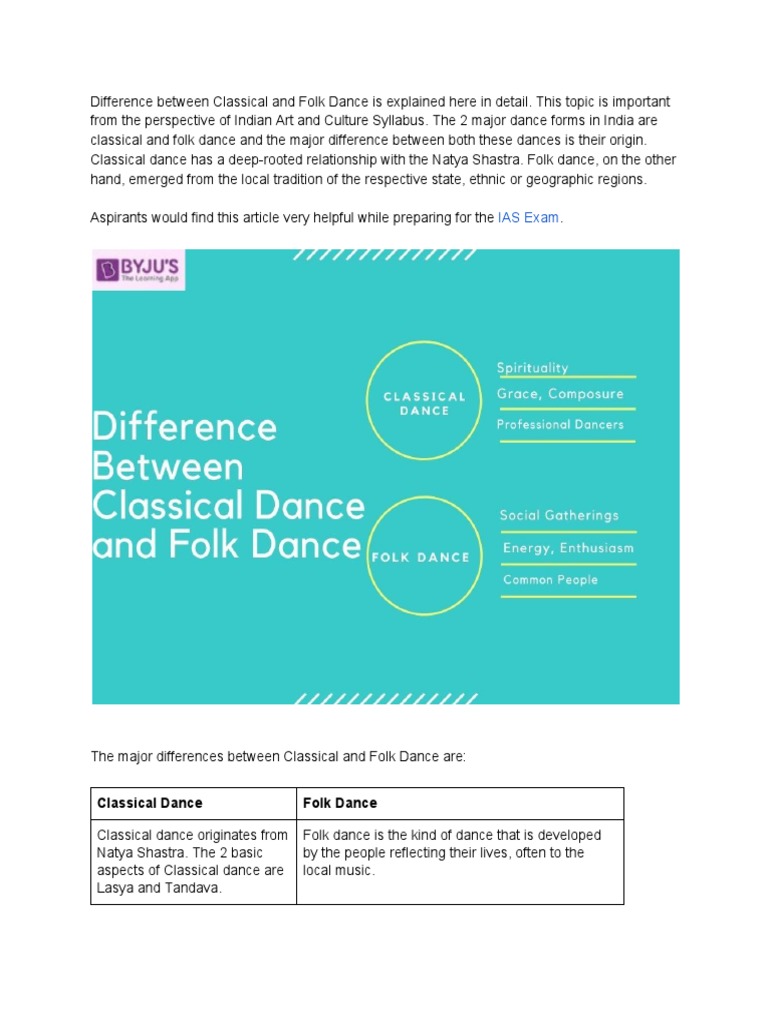 Classical vs Folk Dance Differences | PDF | Dances | Entertainment