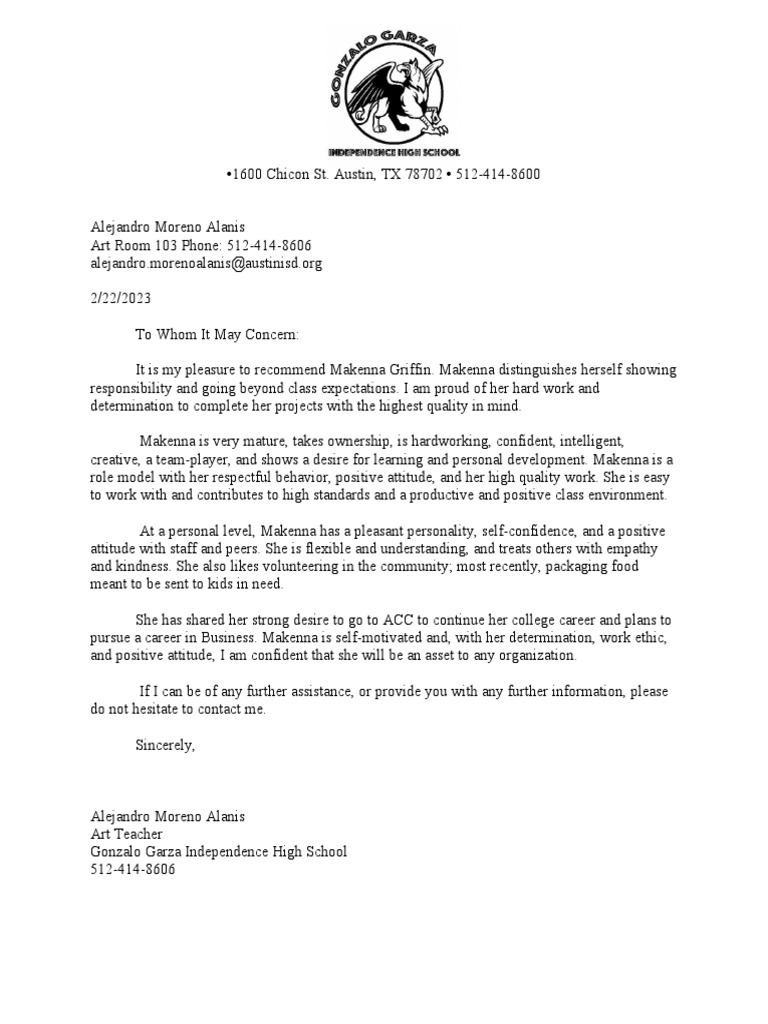 Recommendation-Letter Art Student M | PDF