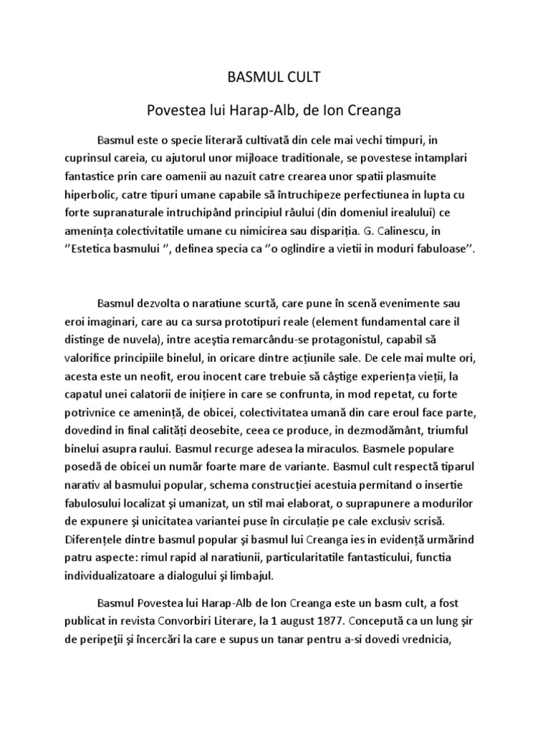 Citate Harap Alb BASMUL CULT- Povestea lui Harap-Alb | PDF