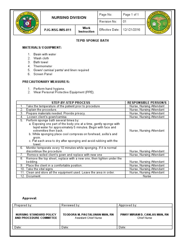 Tepid Sponge Bath Procedure Guide | PDF | Nursing | Health Sciences
