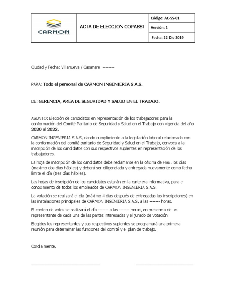 Ac-Ss-01 Acta - de - Eleccion Copasst | PDF | Votación | Eventos políticos
