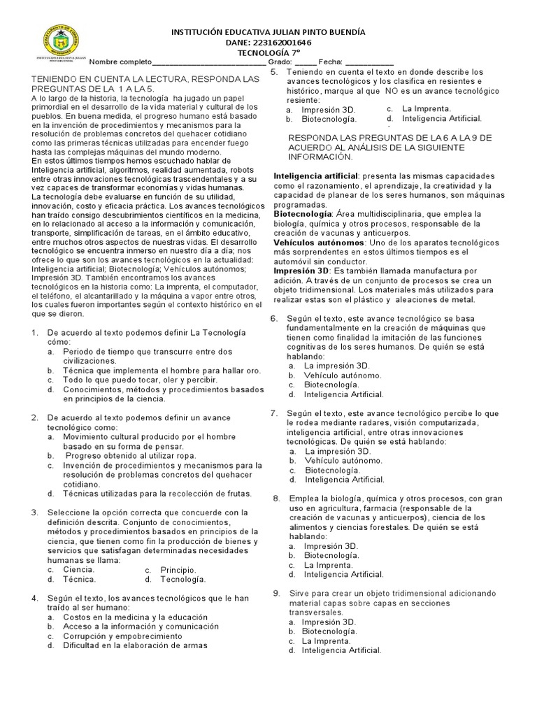 Examen Tecnología 7 1 Periodo Pdf