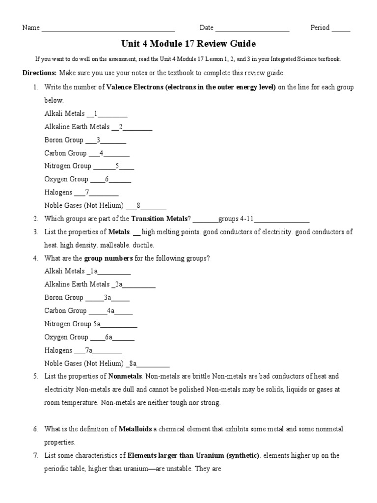 Unit+4+Module+17+Assessment+Review+Guide | PDF | Metals | Periodic Table