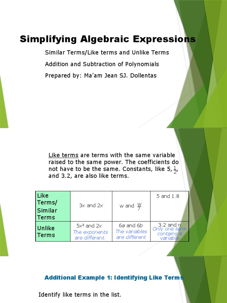 Simplifying Algebraic Expressions Guide | PDF | Variable (Mathematics ...