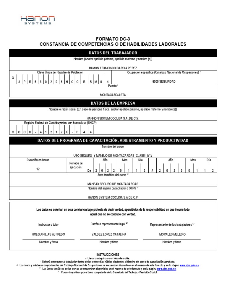 Formato DC-3: Certificado de Competencias | PDF