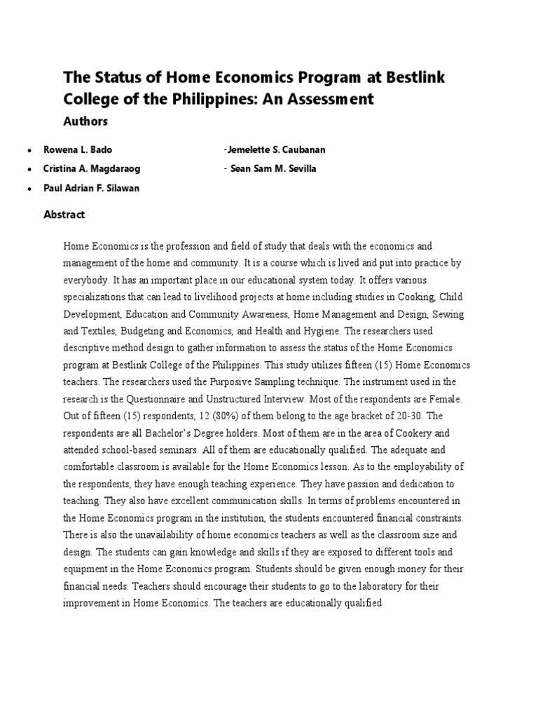 The Status of Home Economics Program at Bestlink College of The