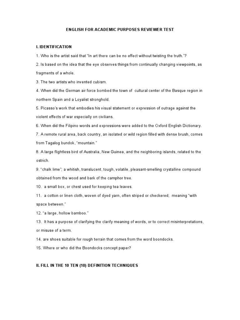 English For Academic Purposes Reviewer Test PDF | PDF | Experiment | Data