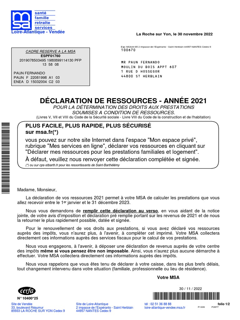 Déclaration de Ressources MSA 2021 | PDF | Retraites | Impôt sur le revenu