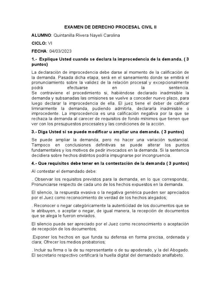 Examen de Derecho Procesal Civil Ii | PDF | Demanda judicial ...